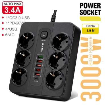 BUZZ Power Strip Stop Kontak Colokan Listrik 6 Plug EU USB 250V 3000W BKL-11EU T Colokan Listrik Sta