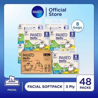 Karton - Paseo Hello Premium Facial Soft Pack Tissue / Tisu Wajah 3 ply 6 pack [8 Pcs]