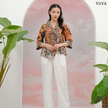 Evercloth Yuva Atasan Batik Wanita Kimono Blouse Batik Lengan Panjang Perempuan Baju Blus Kuning Kat