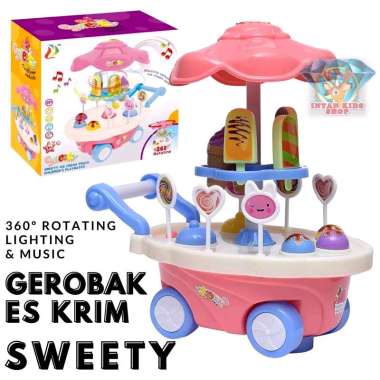 MAINAN ANAK GEROBAK ES KRIM TROLI SWEETY ICE CREAM VEHICLE 360º MUSIK LAMPU 666-3 Kemasan Bubblewrap