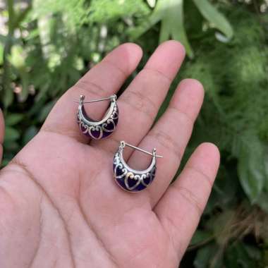 Anting Earrings Silver Perak Bali Hoop Kriul Keranjang Resin Love Jantung Hati Ungu Asli 925