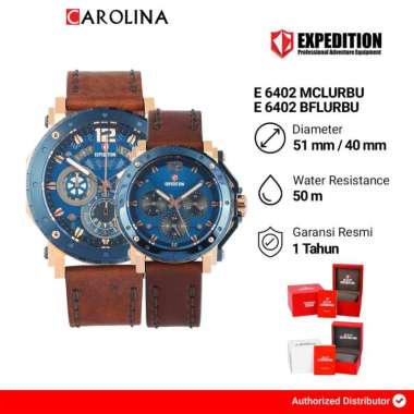 Jam Tangan Couple Expedition Exp E 6402 MCLURBU/E 6402 BFLURBU Blue Dial Brown Leather Strap