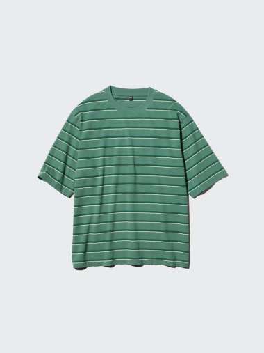 UNIQLO T-Shirt Kaos Oversize Pria Motif Garis Garis green XL