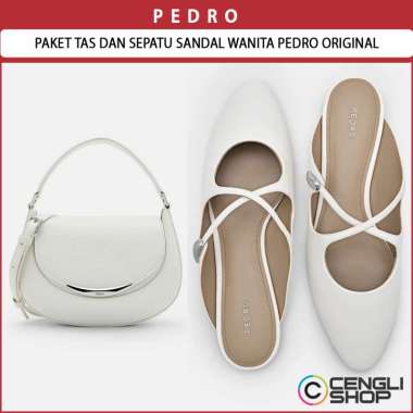 PAKET TAS PEDRO SHOULDER BAG DAN SEPATU SANDAL FLAT PEDRO WANITA ORIGINAL PUTIH PW001