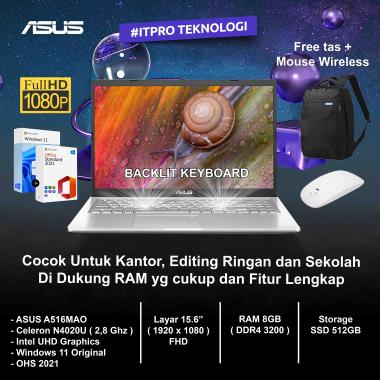 Laptop Kantor, Editing Ringan dan Multitasking ASUS A516MAO Silver - Intel N4020U, RAM 8GB, SSD 512G