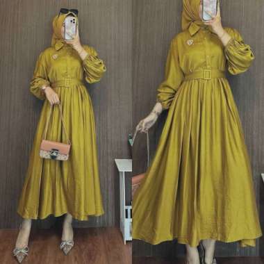 Zoyya Dress Wanita Polo Linen Premium Gamis Terbaru Lengan Balon Panjang Baju Muslim Polos Kekinian 