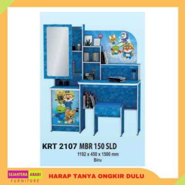 meja belajar plus rak cermin, lemari buku anak karakter kartun MBR21 KRT 2107 Blue