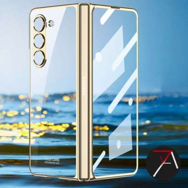 Casing Hp Samsung - Case Samsung Z Fold 5 Fold5 Clear Back Hard Cover + Front Glass GYOKO - Gold Samsung Z Fold5 Gold