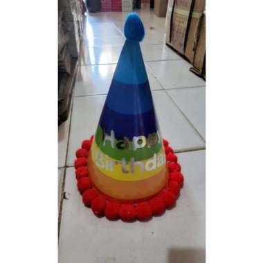 Topi Ulang Tahun Kerucut Metalik/ Pom-Pom Besar Rainbow Red Pom²