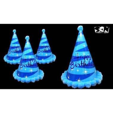 Topi Ulang Tahun Kerucut Metalik/ Pom-Pom Besar Blue Pom²