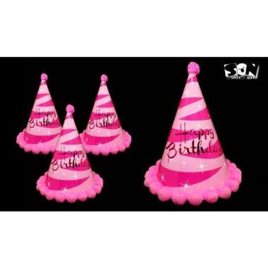 Topi Ulang Tahun Kerucut Metalik/ Pom-Pom Besar Pink Pom²