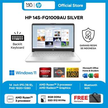 Laptop HP 14S FQ1009AU AMD Ryzen 3 5300U 8GB SSD 512GB Silver Garansi Resmi