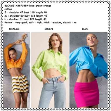 AB870389 Baju Atasan Kemeja Crop Lengan Panjang Wanita Korea Import Green Orange Blue Biru Hijau Neo