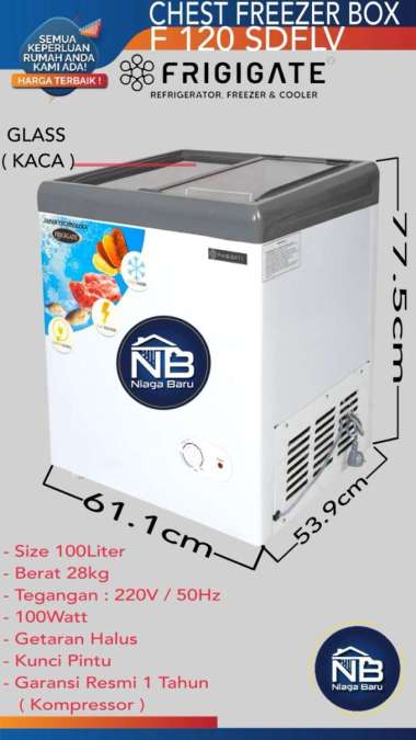 FRIGIGATE F 120 SDF CHEST FREEZER SLIDING BOX 100 LITER FREEZER BOX ES CREAM PINTU KACA GESER JABODE