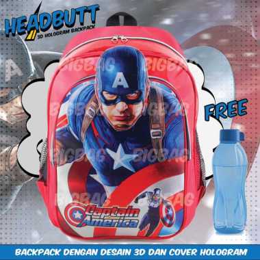 Tas Ransel Karakter - BATMAN - SPIDERMAN - IRON MAN - CAPTAIN AMERICA - HEADBUTT HOLOGRAM + BOTOL CA