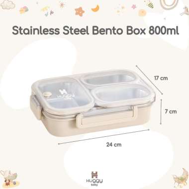 Huggy Baby KM06 Stainless Steel Bento Box 800ml | Kotak Makan Anti Tumpah Cream