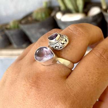 Cincin Ring Perak Silver Bali Asli 925 Batu Natural Amethyst Kecubung Tetes Tali Air Wanita Pria Ker