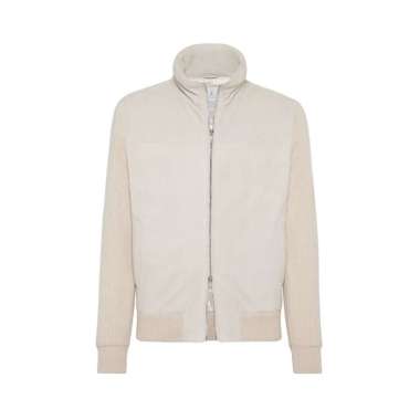 Brunello Cucinelli Suede Bomber Jacket with Knit Sleeves Natural Nude L