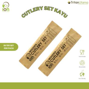 Set Wooden Cutlery ION (Sendok + Garpu + Tissue) / Cutlery kayu - GROSIR