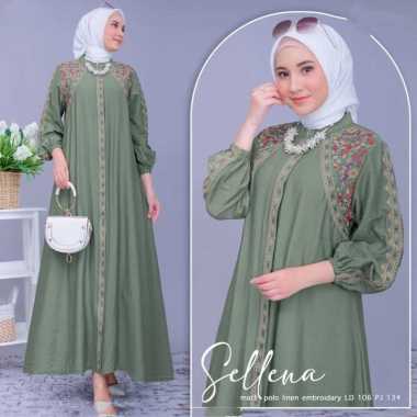 Kiukiu Selena Dress Polo Linen Bordir - Gamis Casual wanita variasi Bordir - Dress Panjang Terbaru S