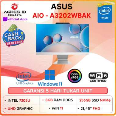 PC Desktop Asus AIO A3202WBAK INTEL 7305 RAM 8GB SSD 256GB Windows 11 21.5 Full HD