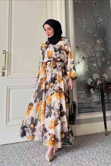 GONEGANI OFFICIAL - Maxi Dress Flowly Motif Bunga Scarlet Bloom Dress Ivory