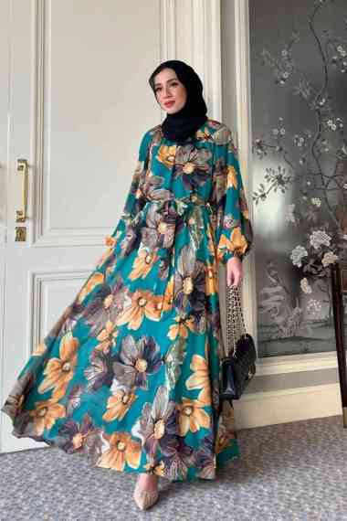 GONEGANI OFFICIAL - Maxi Dress Flowly Motif Bunga Scarlet Bloom Dress Pine