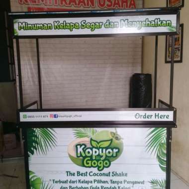 Booth Portable Lipat Bongkar Pasang Bahan Aluminium ukuran 1,5 meter dengan atap datar Banner/Flexy