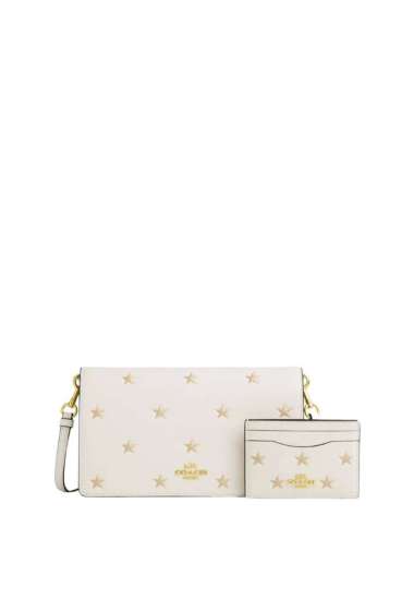 COACH Boxed Anna Foldover Clutch Crossbody Bag And Card Case Set With Star Print Gold Chalk Multi