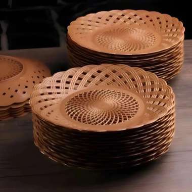 Piring Rotan Plastik Coklat Isi 1 Lusin 12 Pcs / Piring Anyaman Rotan Plastik