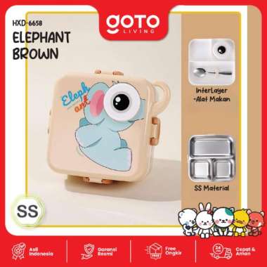 Goto Wawa Lunch Box Stainless Tempat Makan Anak Anti Tumpah Lucu 6658 ELEPHANT BROWN