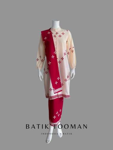 ALRUMI Merah Cream Setelan Terpisah Rok Tunik Batik Katun Primisima Warna Red Krem Rok Saja L