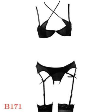 Manmu Allure B171 Bra Set Underwire Pakaian Dalam Wanita Seksi BH Kawat Hitam CD Open Terbuka Garter