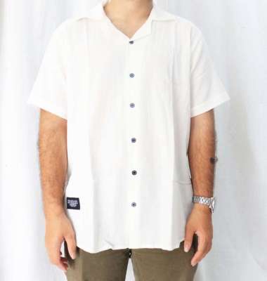 Kemeja Linen Pria Lengan pendek Kombinasi vintage Putih M