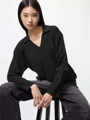 UNIQLO Sweater Polo Rib Wanita Knit Rajut Washable Matching Set black S
