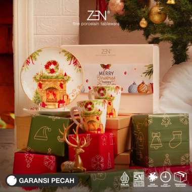 ZEN Hampers Dinner Set Piring Mug Keramik Christmas Vintage Fireplace isi 4 pcs + Box