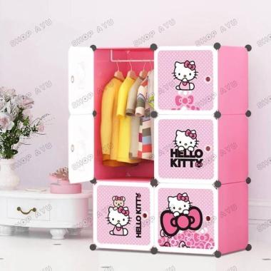 Lemari pakaian rak susun plastik lemari baju anak 6 pintu hello kitty