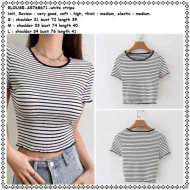 AB768671 Baju Atasan Crop Top Kaos Rajut Garis Hitam Putih Lengan Pendek Wanita Korea Import