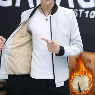 VERISH Jaket pria distro, Jaket bomber musim dingin tebal import, Jaket bulu tebal premium Putih M