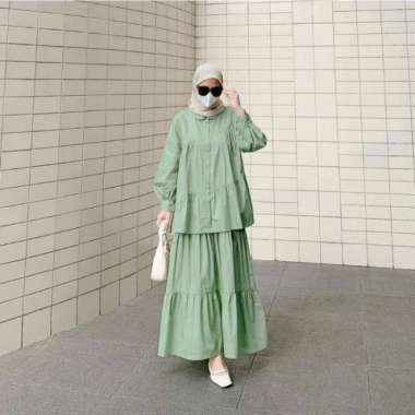 Catrine Set Rok Susun Rok Canda Setelan Rok Wanita Setelan Rok Polos HIJAU