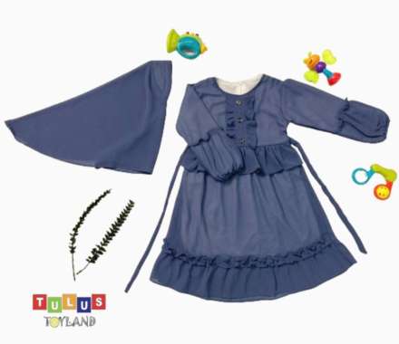 Gamis Anak Cewe Rempel Set Hijab Cantik Busana Muslim Baju Lebaran Anak Perempuan Biru