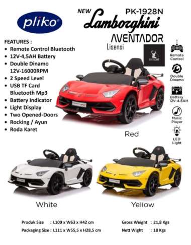 MAINAN MOBIL AKI ANAK PLIKO PK 1928 N LAMBORGHINI AVENTADOR LISENSI CS