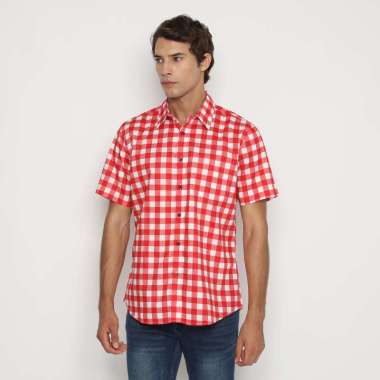 Platini Kemeja Motif Kotak Pria Lengan Pendek Katun Merah 73470 M