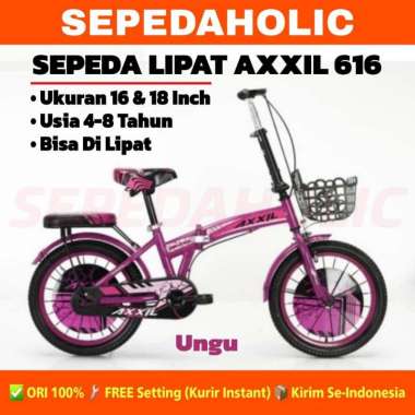 Sepeda Lipat Anak AXXIL 616 Ukuran 16 & 18 Inch Keranjang Universal Usia 4-8 Tahun 18 Inch Ungu