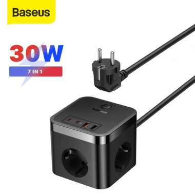 Baseus PowerCombo Cube 30W 7in1 Power Strip Desktop Charger Adaptor Fast Charging 3AC+2U+2C Hitam