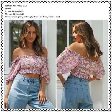 AB570852 Baju Atasan Summer Blouse Sabrina Off Shoulder Bunga Pink Lengan Panjang Wanita Korea Impor