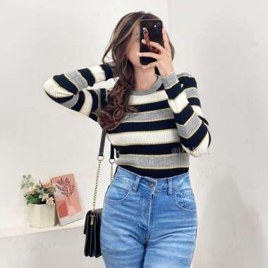 BICCA KNIT / INNER SWEATER WANITA / INNER SWEATER RAJUT POLET STRIP / PRESS BODY / BAJU RAJUT POLET 