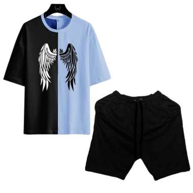 Setelan Baju Kaos Angel Wings Motif DTF Printing Lengan Pendek Dan Celana Pendek Pria Biru(HITAM) XL
