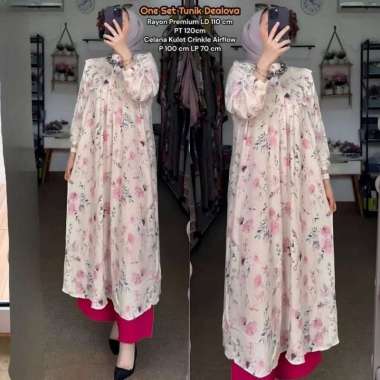 Salsabila Ovale Set Tunik One Set Wanita Long Tunik Rayon Twill Baju Setelan Wanita Kekinian Celana 