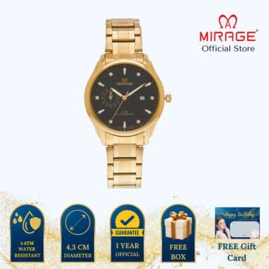 Mirage Jam Tangan Pria Analog 8802 M Gold Original Stainless Plat Hitam